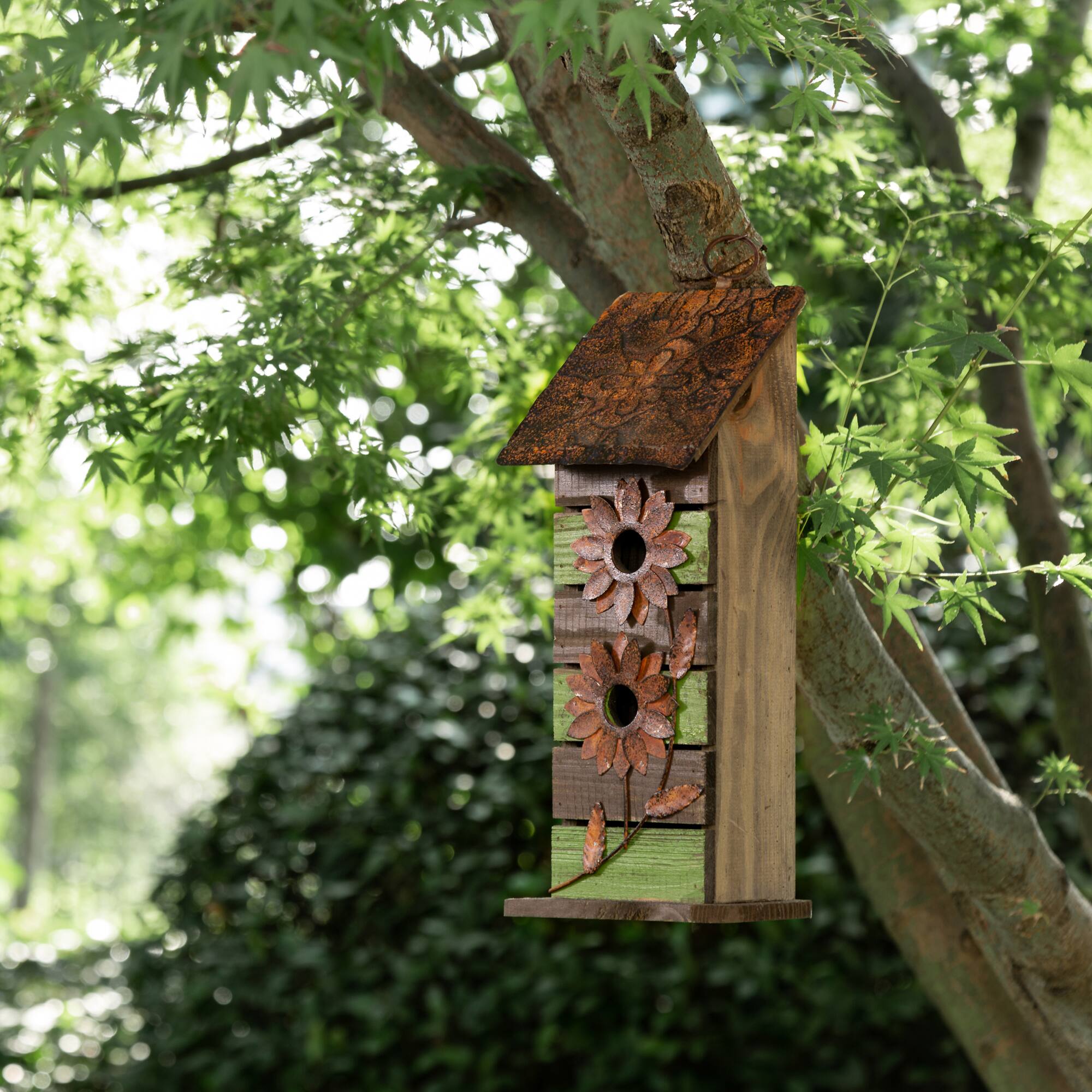 Glitzhome® Hanging 2-Tiered Distressed Wood Bird House with Flowers